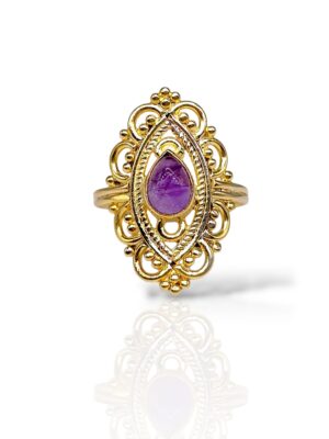 טבעת הודית כסף מצופה זהב עם אבני חן